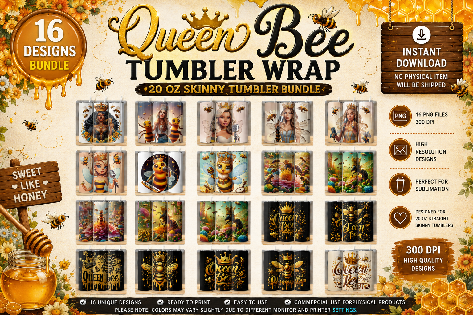 16 Queen Bee Tumbler Wrap Sublimation Designs | 20oz Skinny Tumbler PNG Bundle | Honey Bee Wraps | Instant Download
