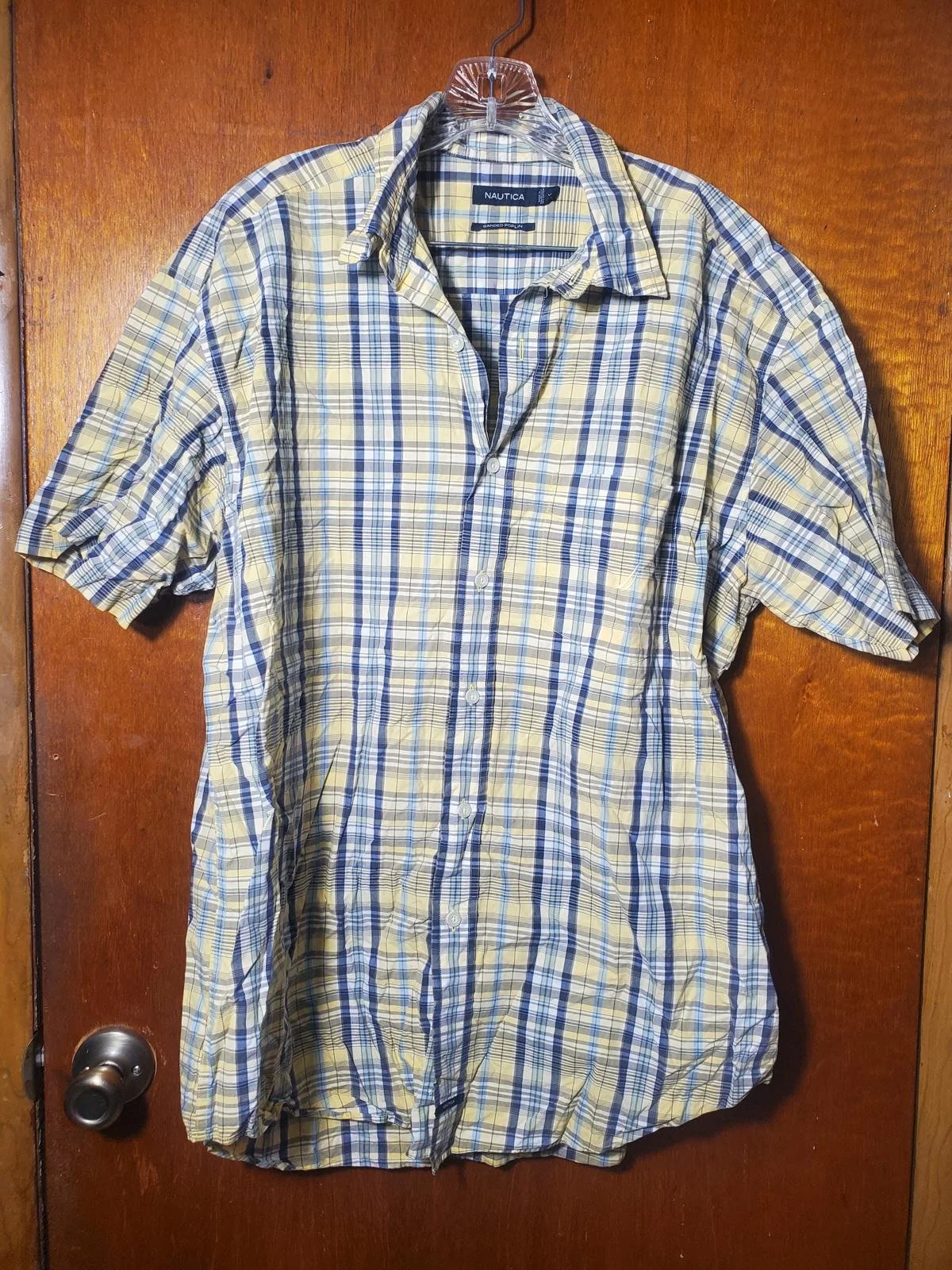 Vintage Men’s Nautica Sanded Poplin Plaid Yellow Polo Short Sleeve Size XL
