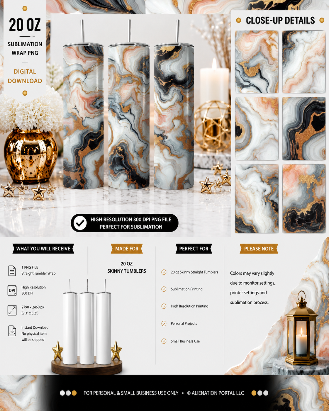 Blush Vein Opal Tumbler Wrap PNG  Black Ivory Rose Gold Marble Agate Geode 20 oz Skinny Sublimation