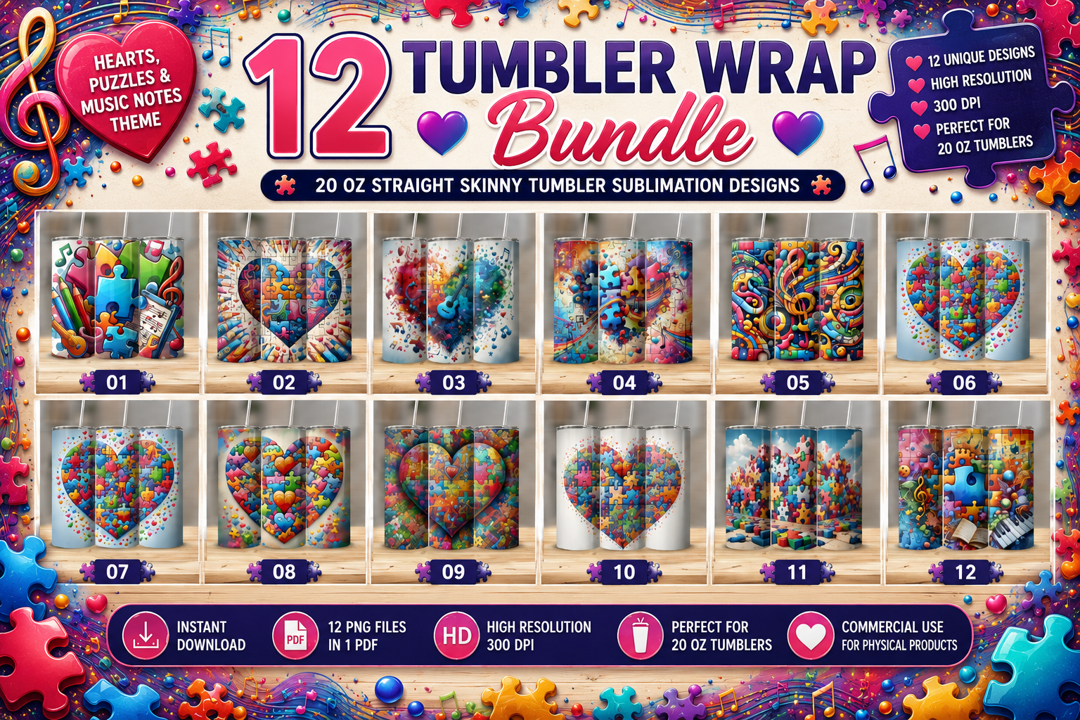 12 Harmony of Hearts Puzzle Tumbler Wrap Bundle PNG – Vibrant Music Notes, Colorful Puzzle Art & Abstract Love Theme Sublimation Designs, 20 oz Skinny Tumbler Digital Download