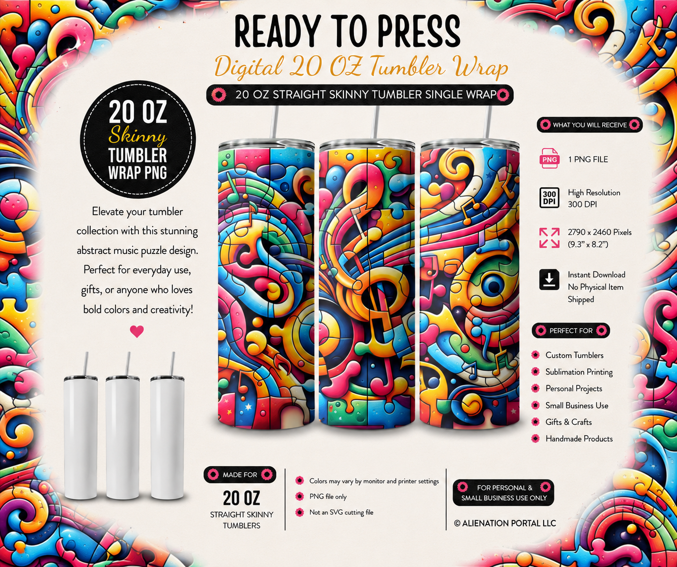 Vibrant Melody Puzzle Tumbler Wrap PNG – Colorful Abstract Music Notes & Heart Puzzle Pieces, 20 oz Skinny Sublimation Design, Instant Digital Download