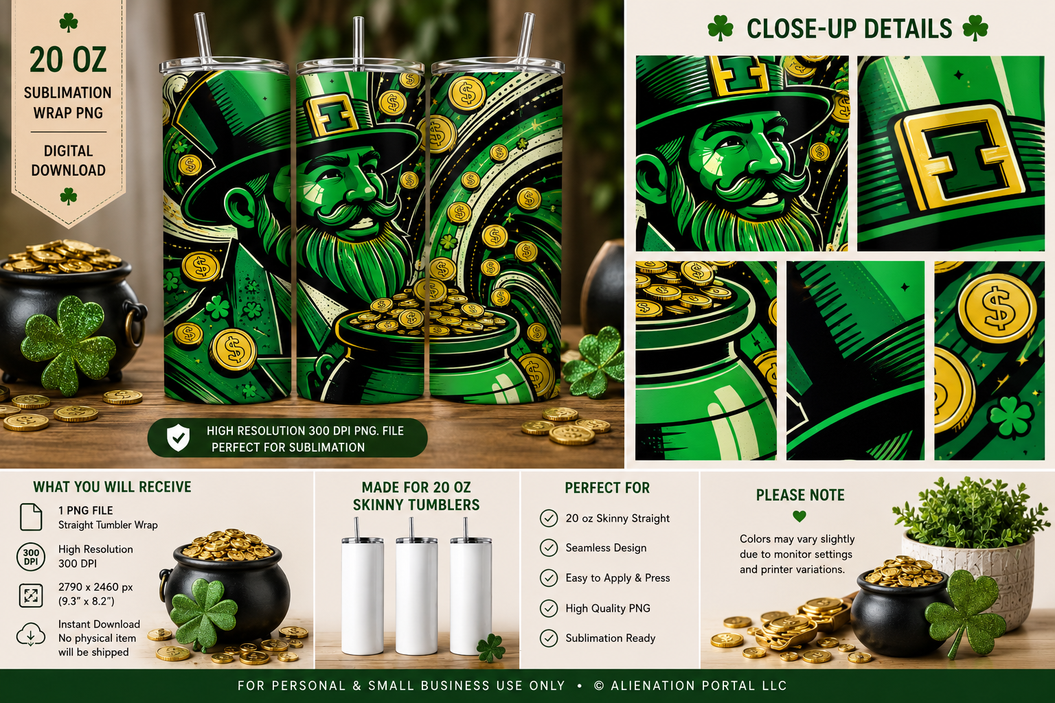 Leprechaun Gold Coin Tumbler Wrap PNG | 20 oz Skinny Straight Sublimation Design | St Patrick’s Day Digital Download