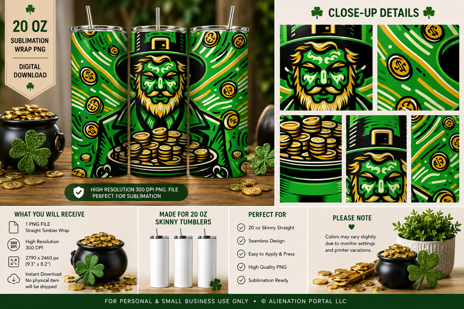 Lucky Leprechaun Tumbler Wrap PNG, 20 oz Skinny Straight Sublimation Wrap, St Patrick’s Day Digital Design, Green Gold Coin Tumbler Download, Instant PNG File
