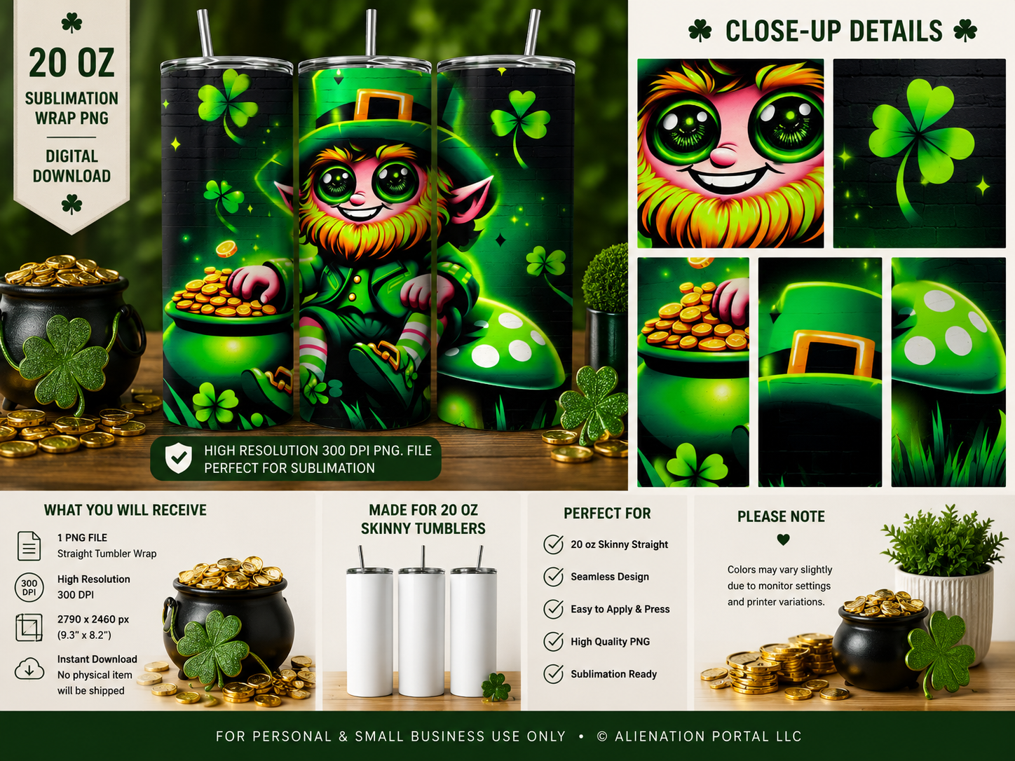 Cute Leprechaun Tumbler Wrap PNG | St Patrick's Day Sublimation Design | 20 Oz Skinny Straight Tumbler Wrap | Instant Digital Download