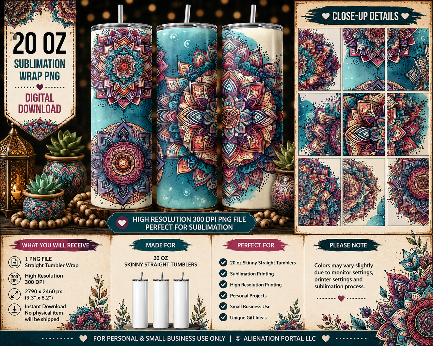 Celestial Bloom Tumbler Wrap PNG  20oz Skinny Straight Sublimation Design  Boho Lotus Floral Tumbler Wrap  Instant Digital Download