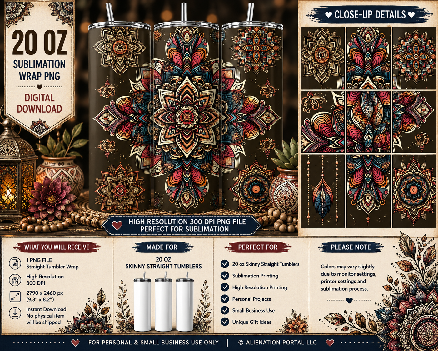 Dark Boho Mandala Tumbler Wrap PNG | 20 oz Skinny Straight Sublimation Design | Colorful Floral Mandala Wrap | Digital Download