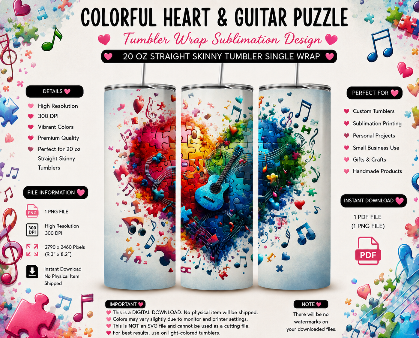 Vibrant Heart Puzzle & Guitar Melody Tumbler Wrap PNG – Colorful Autism Awareness Inspired 20oz Skinny Sublimation Design, Music Notes & Rainbow Puzzle Art, Instant Digital Download