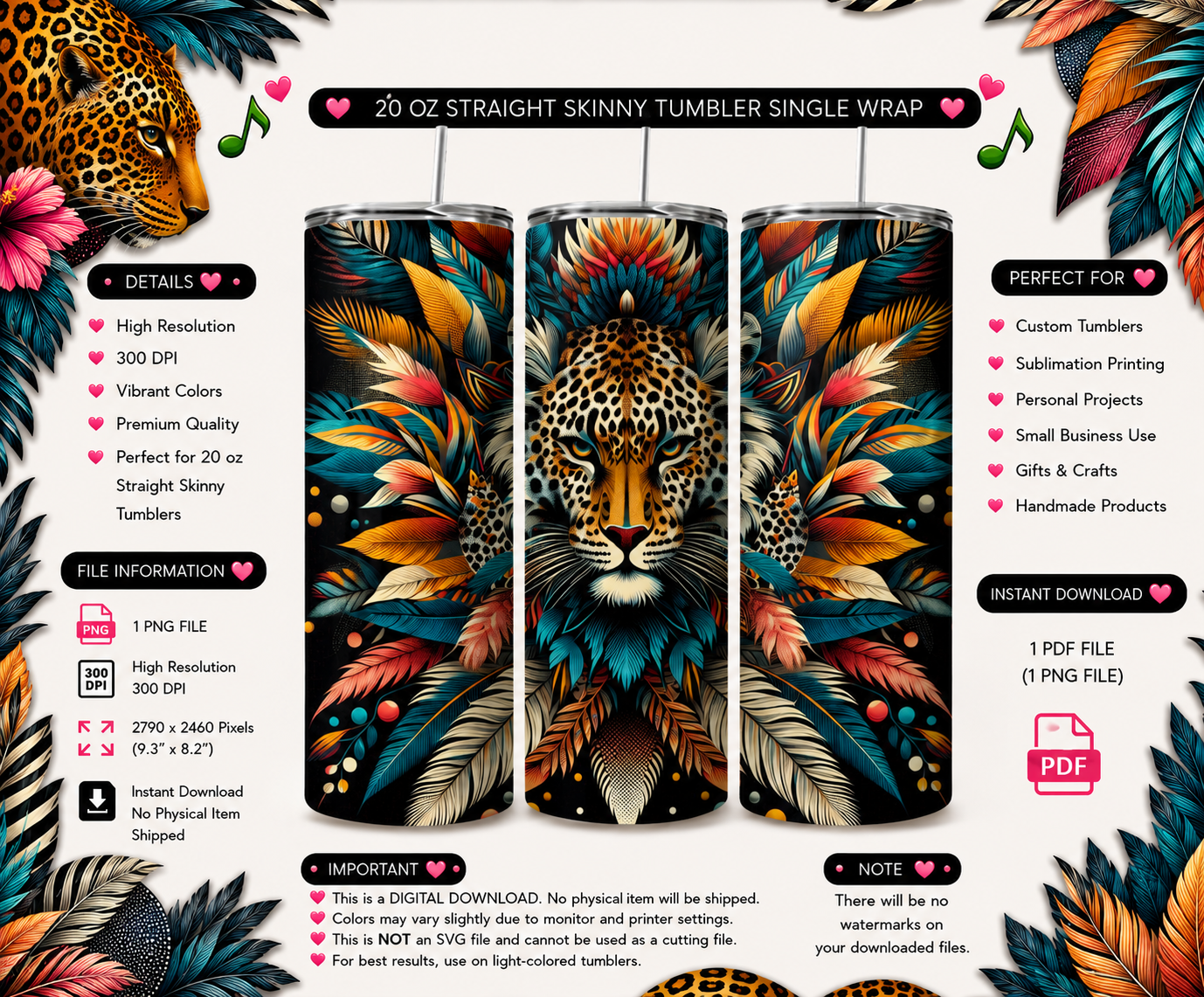 Midnight Leopard Feather Wrap PNG | 20 Oz Skinny Tumbler Sublimation