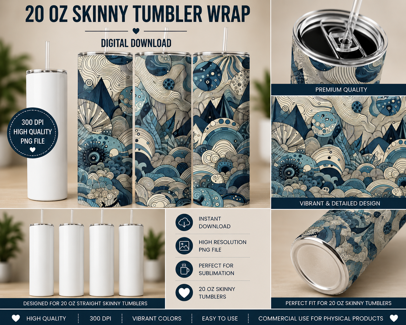 Abstract Blue Waves Tumbler Wrap PNG | 20oz Skinny Sublimation Design | Ocean Wave Tumbler Wrap | Digital Download