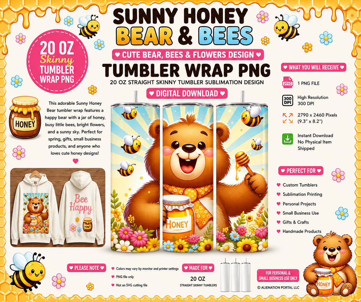 Honey Dipper Bear & Happy Bees Tumbler Wrap PNG | Cute 20 oz Skinny Sublimation Design