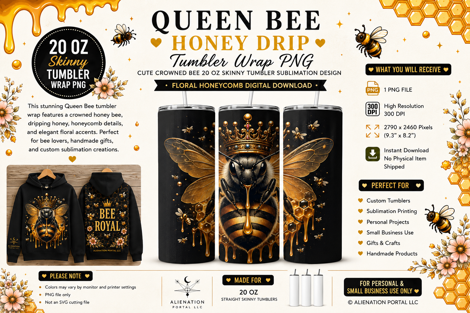 Royal Black Gold Queen Bee Tumbler Wrap PNG | Crowned Honey Bee with Honey Drip 20oz Skinny Sublimation Design