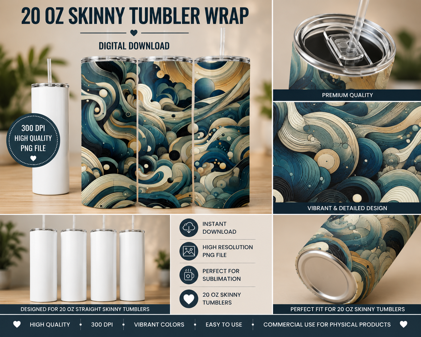 Abstract Waves Pattern 20oz Skinny Tumbler Wrap PNG | Blue Beige Swirl Sublimation Design | Digital Download | Instant Download