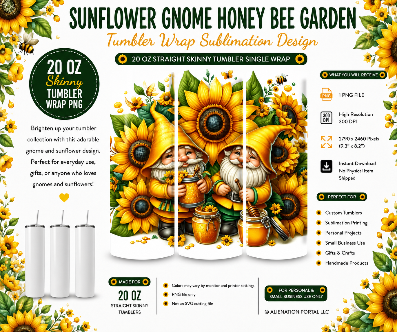 Sunflower Honey Haven Gnome Tumbler Wrap PNG, 20oz Skinny Sublimation Design, Golden Bee Garden Gnome Cup Wrap, Instant Digital Download