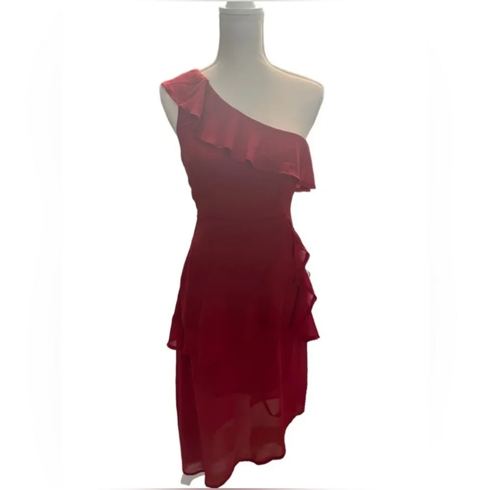 New PrettyLittleThing Scarlet Chiffon One Shoulder Midi Dress Size 8