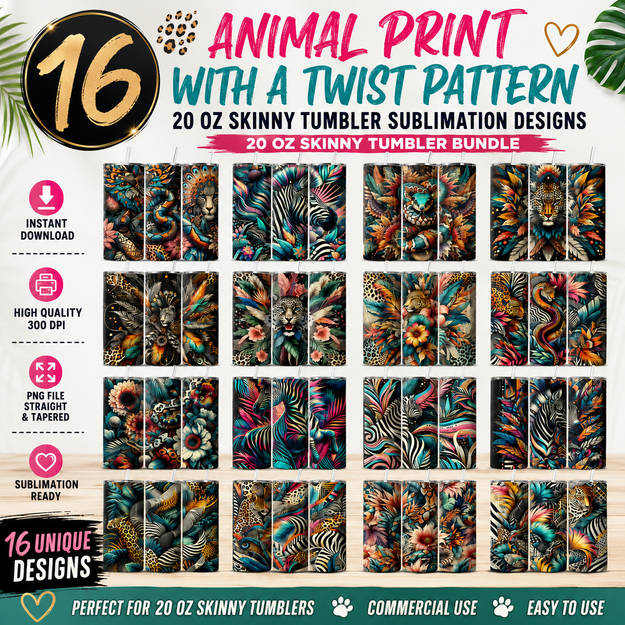 Boho Safari Animal Pattern Tumbler Wrap Sublimation Bundle.png
