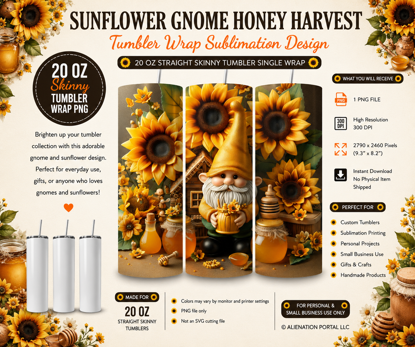 Sunlit Honeybee Garden Gnome Tumbler Wrap PNG, 20oz Skinny Sublimation Design, Rustic Sunflower Cottage Cup Wrap, Instant Digital Download