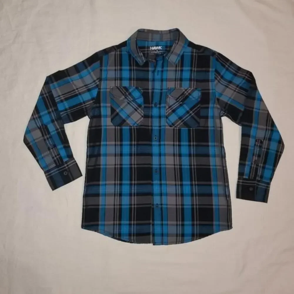 Pre-Owned Youth Blue, Black, and Gray Plaid Long Sleeve Shirt Size Medium