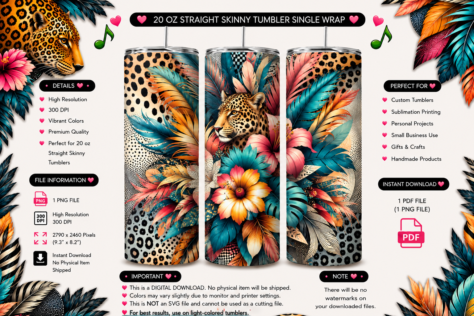 Boho Leopard Feather Burst PNG | 20 Oz Skinny Tumbler Sublimation