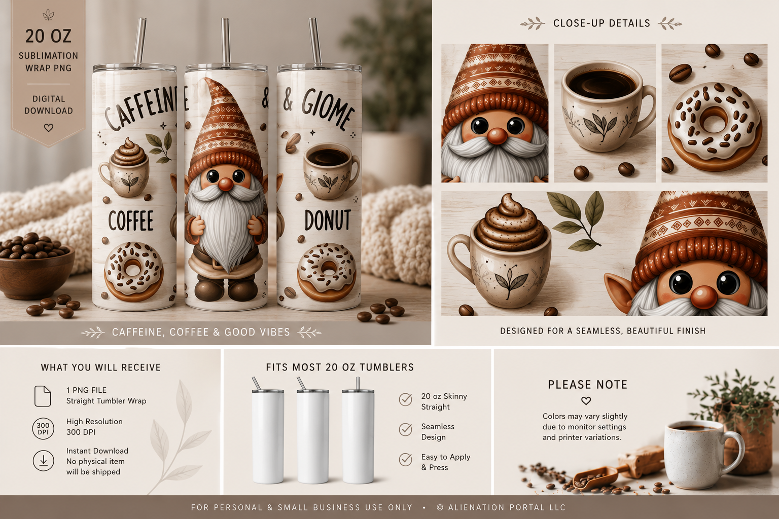 Coffee Gnome Sublimation Tumbler Wrap PNG, 20oz Skinny Straight Wrap, Coffee Donut Tumbler Design, Instant Digital Download.png