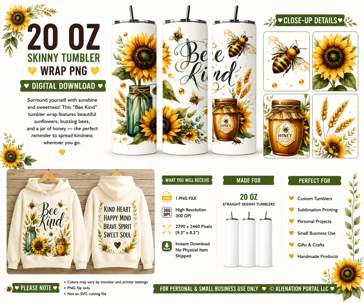 Harvest Tumbler Wrap PNG Bee Kind Sunflower Rustic Honey Jar & Bumble Bee Sublimation Design 20 oz Skinny Digital Download.png
