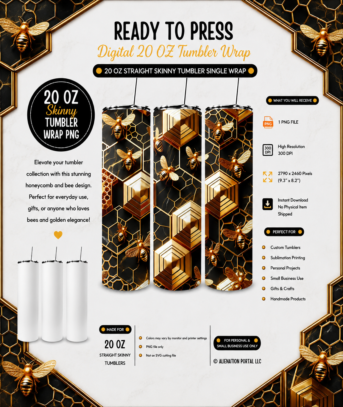 Royal Midnight Honeycomb Tumbler Wrap PNG, Luxury Black Gold Bee Hive Sublimation Design, Geometric Glam 20 Oz Skinny Tumbler Digital Download