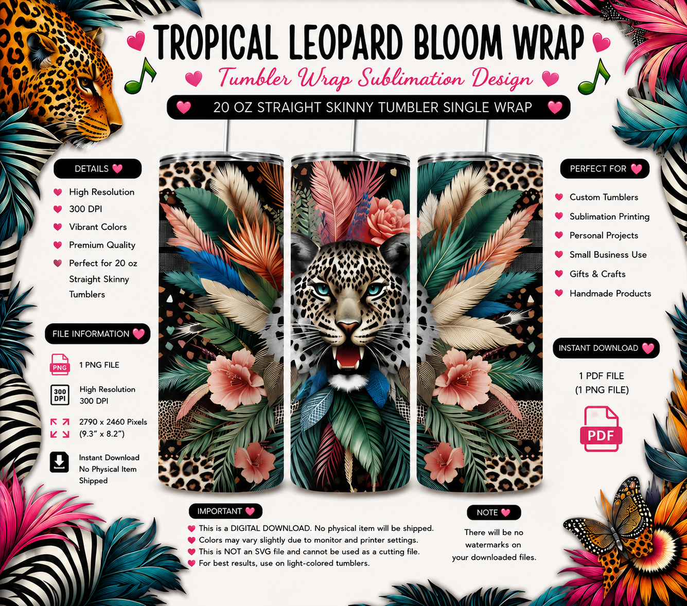 Tropical Leopard Bloom Wrap PNG | 20 Oz Skinny Tumbler Sublimation