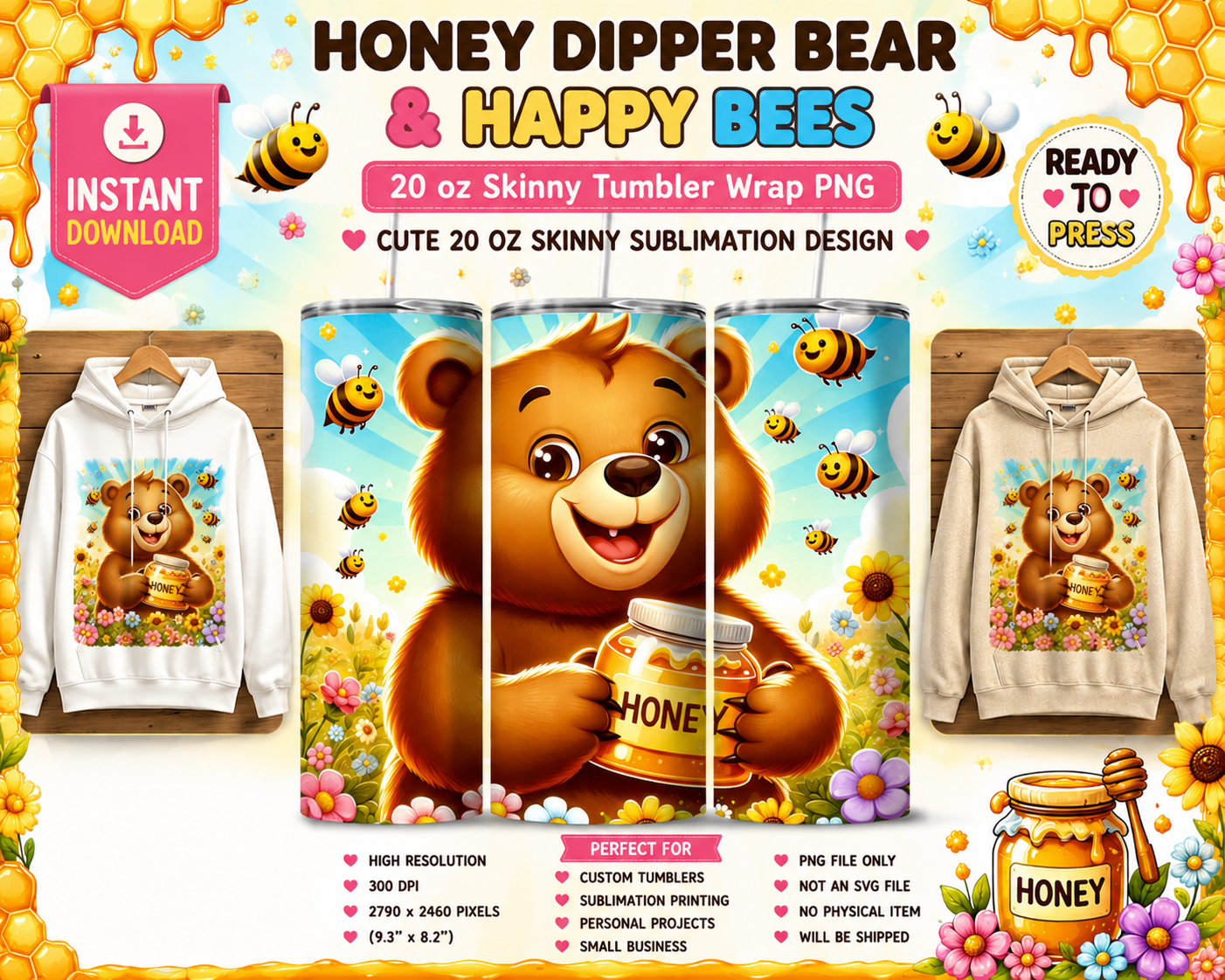 Honey Pot Teddy Bear & Blooming Bee Garden Tumbler Wrap PNG | 20 oz Skinny Sublimation Download