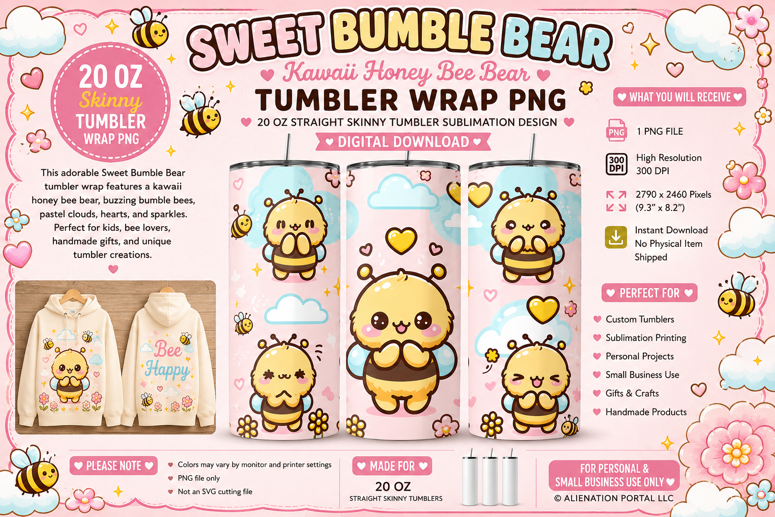 Busy Little Bees Tumbler Wrap PNG | Cute Honeybee Character Design for 20 oz Skinny Tumblers