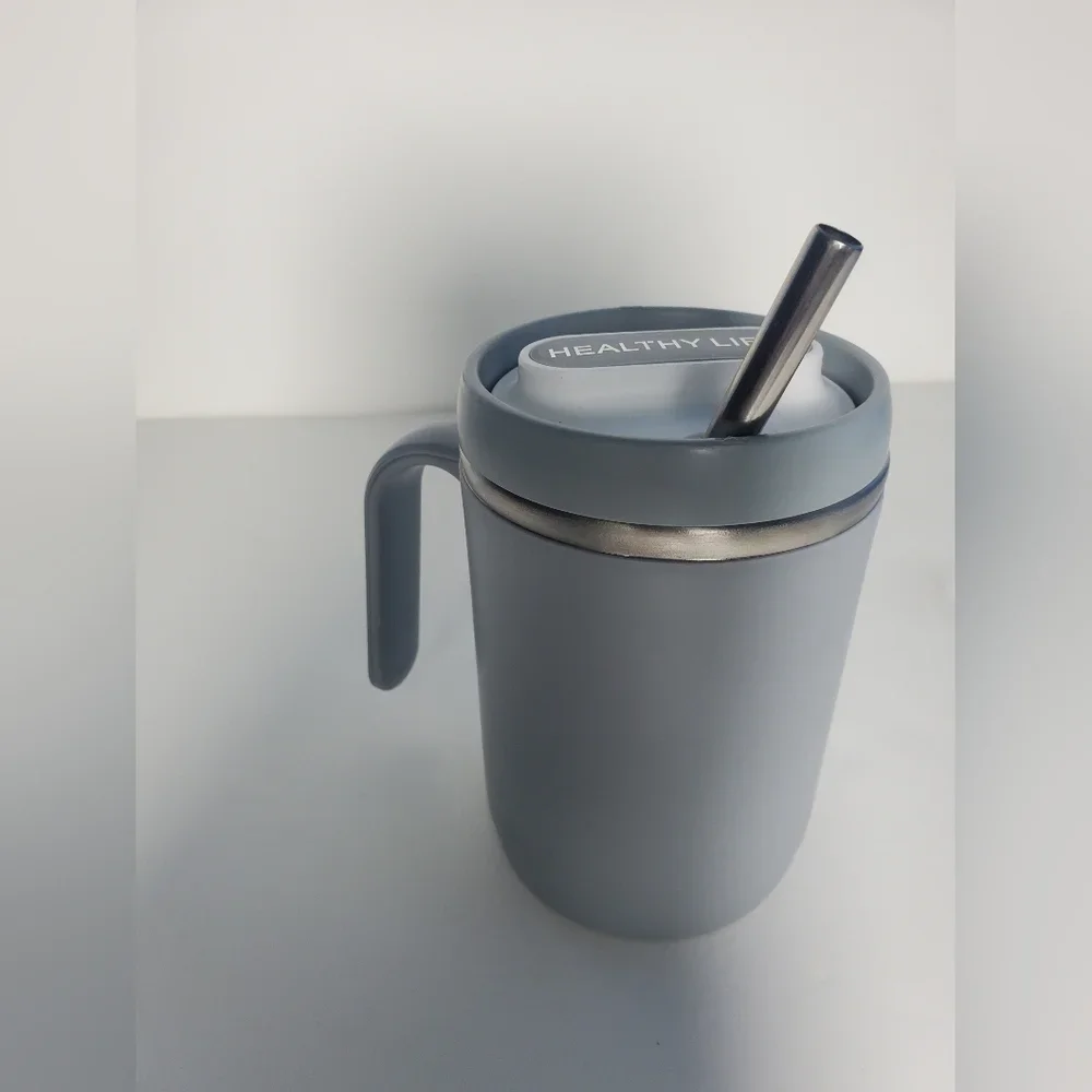 New Grey and White Office Cup With Straw