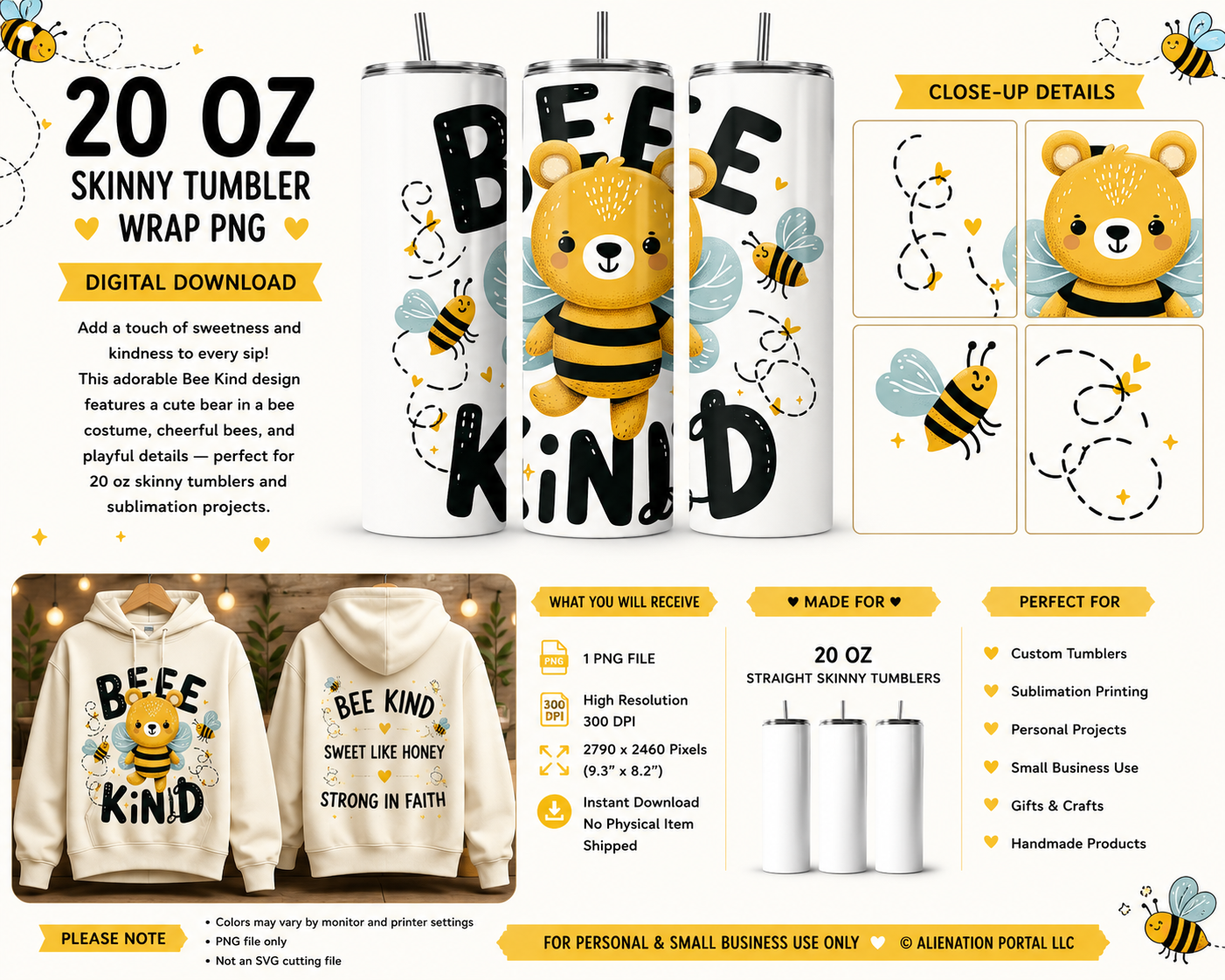 Buzzing With Kindness Bee Bear Tumbler Wrap PNG | Cute Bee Kind Sublimation Design | 20oz Skinny Tumbler Wrap | Honey Bee Digital Download | Instant PNG File