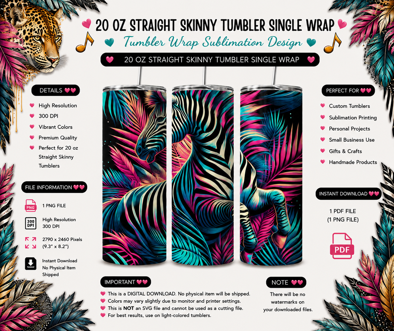 Neon Zebra Paradise PNG | 20 Oz Skinny Tumbler Sublimation