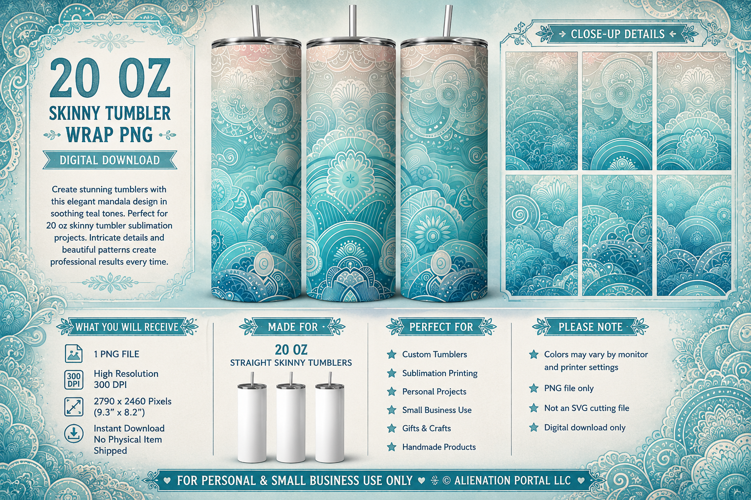 Teal Boho Mandala Tumbler Wrap PNG 20 oz Skinny Tumbler Sublimation Design, Ornamental Scallop Pattern Cup Wrap, Instant Download.png
