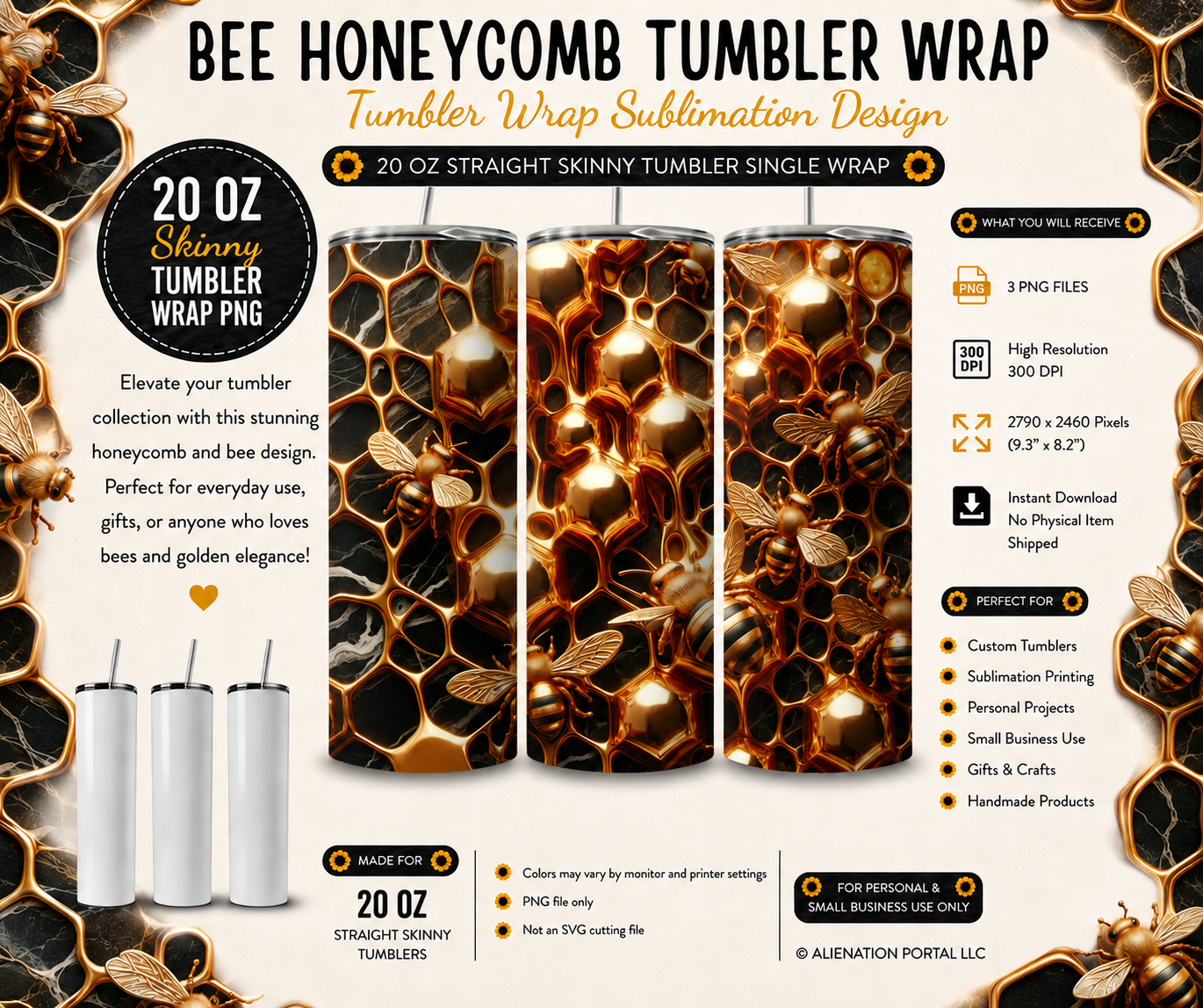 Midnight Honeycomb Bee Tumbler Wrap PNG, Luxury Black Marble & Liquid Gold Hive Sublimation Design, 20 Oz Skinny Tumbler Digital Download
