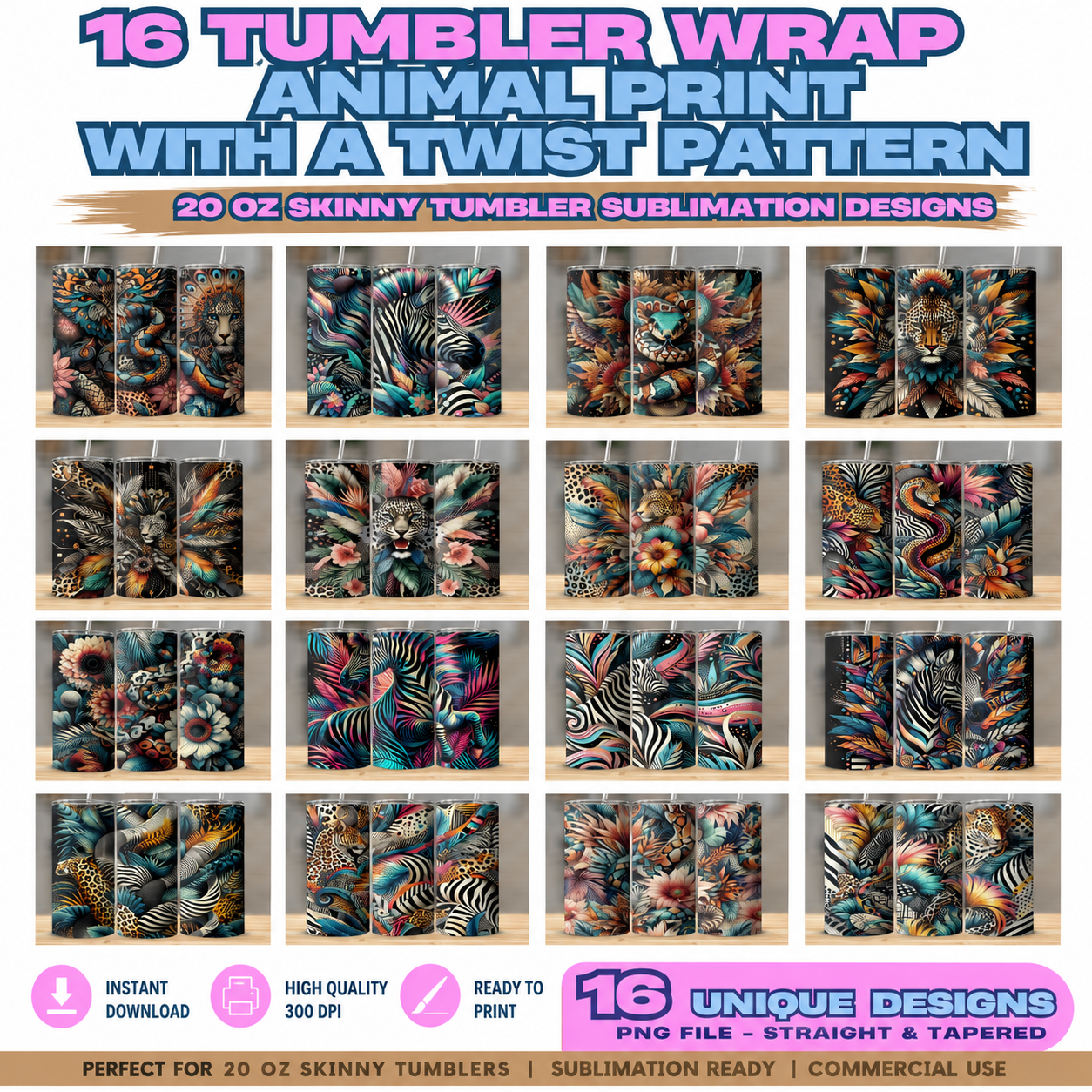 16 Boho Safari Animal Pattern Tumbler Wrap Sublimation Bundle