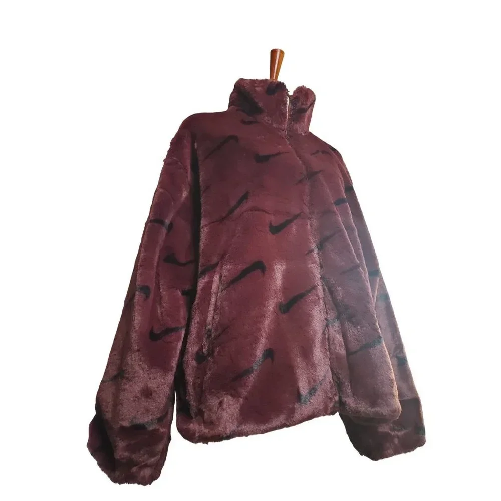 New Woman's Plush Fur All-Over Print Jacket Burgundy Size XL