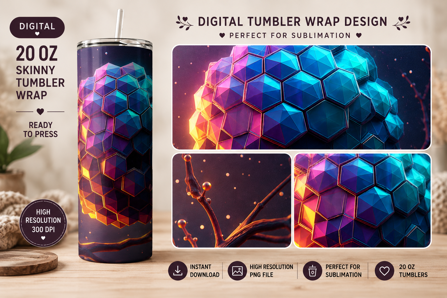 Multicolor Low Poly Honeycomb Tumbler Wrap PNG 20oz Skinny Sublimation Design Iridescent Geometric Tumbler Wrap Instant Digital Download.png