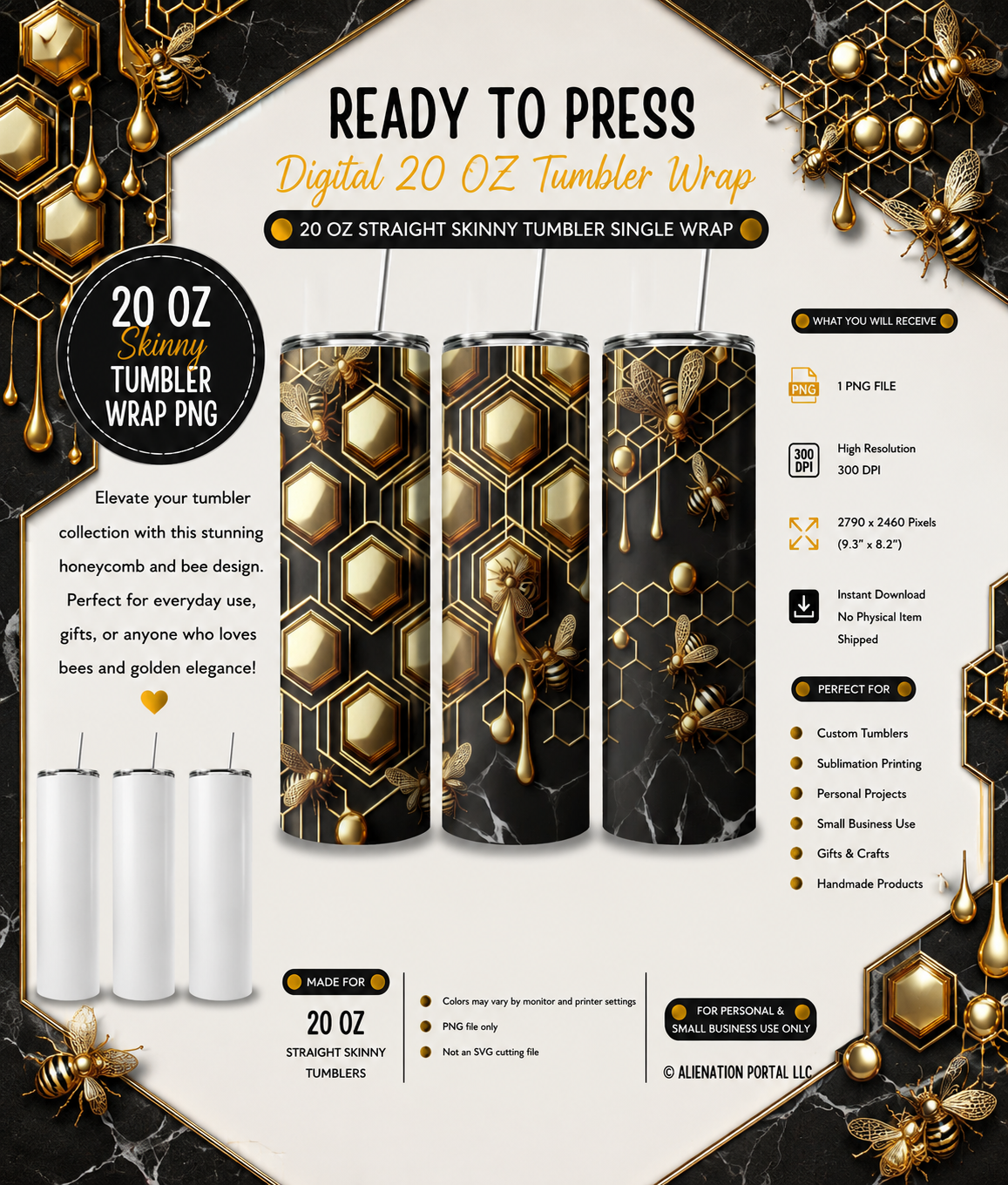 Midnight Gold Honeycomb Bee Tumbler Wrap PNG, Luxury Black Marble Hive Sublimation Design, Elegant Honey Drip 20 Oz Skinny Tumbler Digital Download.png