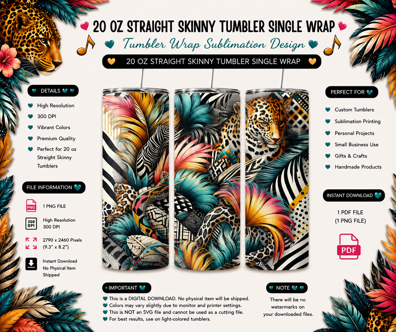 Safari Serpent Feather Wrap PNG | 20 Oz Skinny Tumbler Sublimation