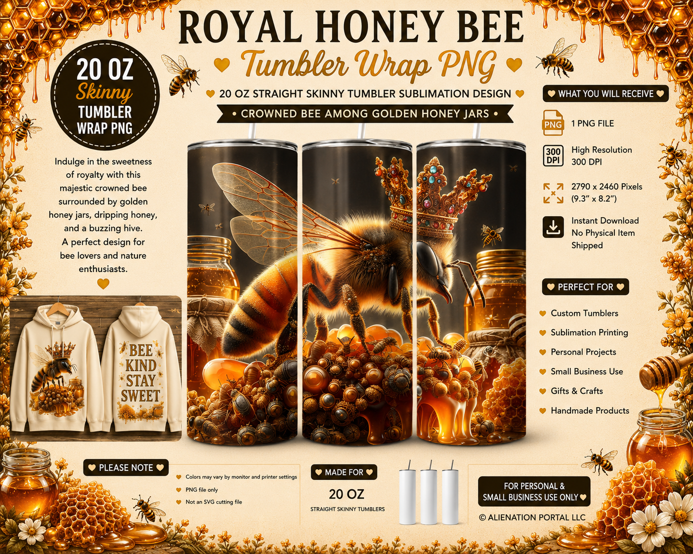 Golden Hive Monarch Tumbler Wrap PNG Crowned Honey Bee on Midnight Background 20oz Skinny Sublimation.png