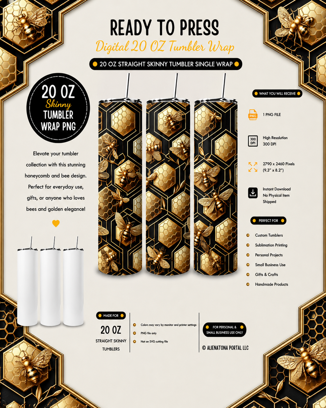 Obsidian Gold Honey Hive Tumbler Wrap PNG, Luxe Metallic Bee Honeycomb Sublimation Design, Elegant Black Geometric 20 Oz Skinny Tumbler Digital Download