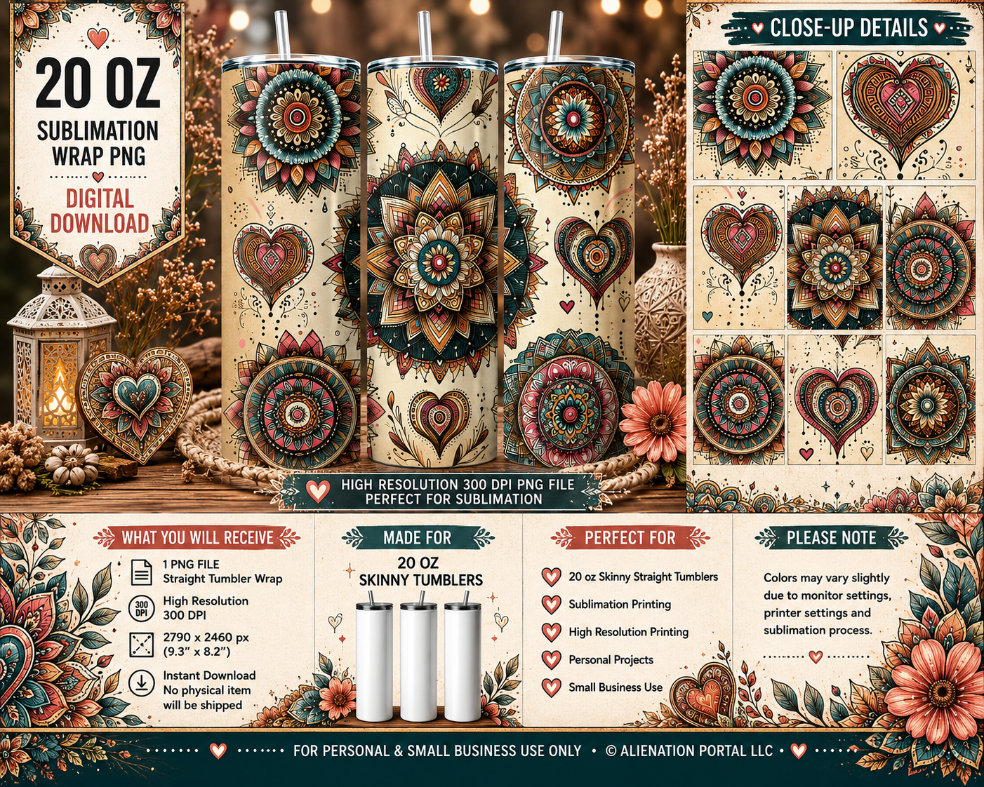 Southwest Mandala Tumbler Wrap PNG | 20 oz Skinny Straight Sublimation Design | Boho Heart Floral Tumbler Wrap | Instant Download
