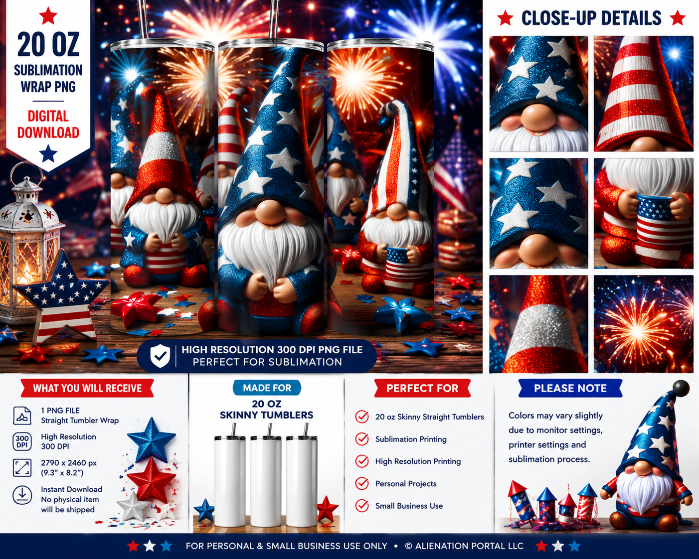 Patriotic Fireworks Gnome Tumbler Wrap PNG, 20oz Skinny Tumbler Sublimation Design, Red White Blue Gnome Cup Wrap, 4th of July Tumbler PNG, Independence Day Digital Download