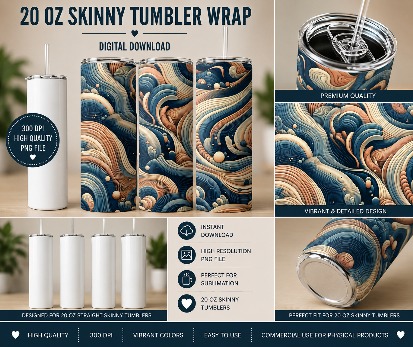 Abstract Waves Tumbler Wrap PNG | 20 oz Skinny Sublimation Design | Blue Beige Swirl Tumbler Wrap | Instant Digital Download