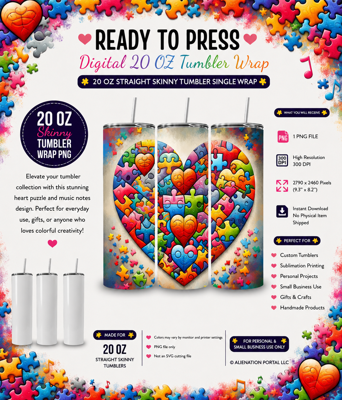 Rainbow Heart Puzzle Tumbler Wrap PNG – Bright Colorful Love Puzzle Piece Sublimation Design, 20 oz Skinny Tumbler Instant Digital Download
