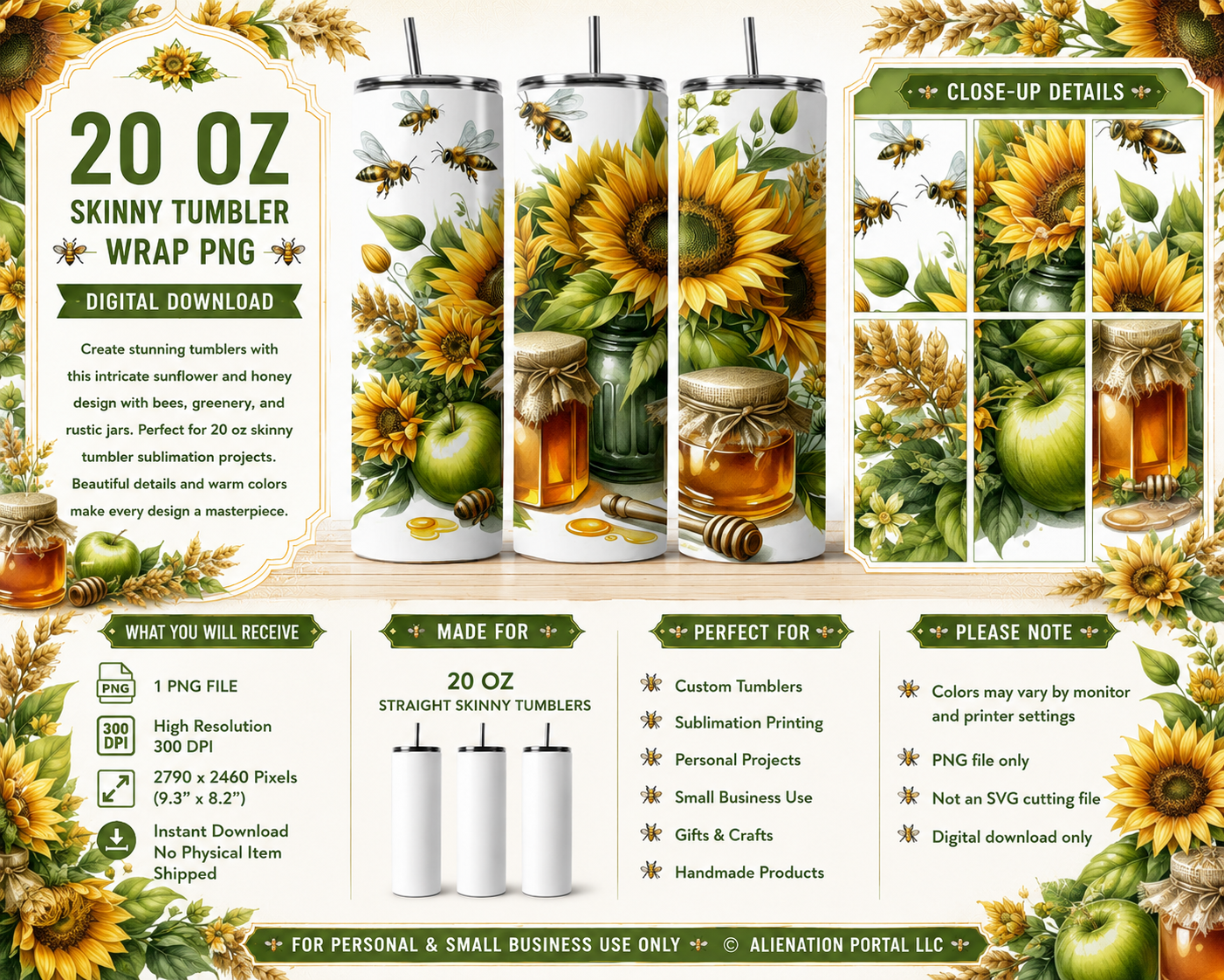 Sunflower Bees Honey Jar Design Bee Kind Sweet Like Honey Strong in Faith Tumbler Wrap PNG 20 oz Skinny Tumbler Sublimation Instant Download