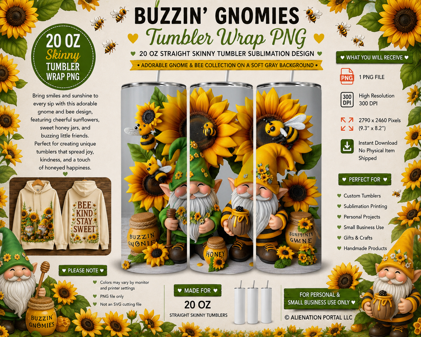 Buzzin’ Sunflower Gnomes Tumbler Wrap PNG, 20oz Skinny Sublimation Design, Bee & Honey Gnome Tumbler Wrap, Instant Digital Download