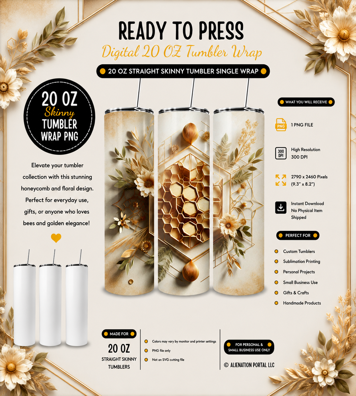 Ivory Bloom Honeycomb Tumbler Wrap PNG, Soft Neutral Floral Hive Sublimation Design, Elegant Beige Gold 20 Oz Skinny Tumbler Digital Download