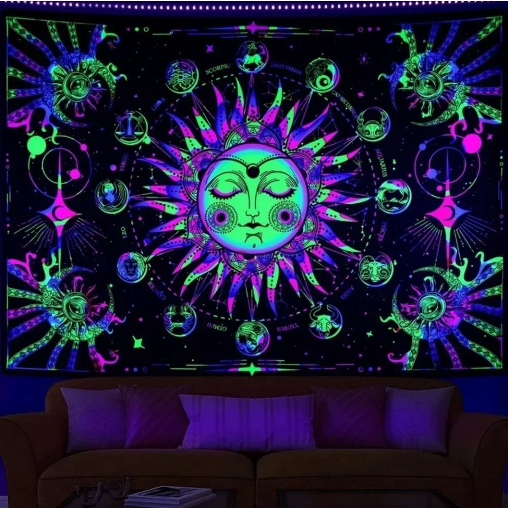 New Blacklight Hippie Sun and Moon Tapestry Zodiac Signs