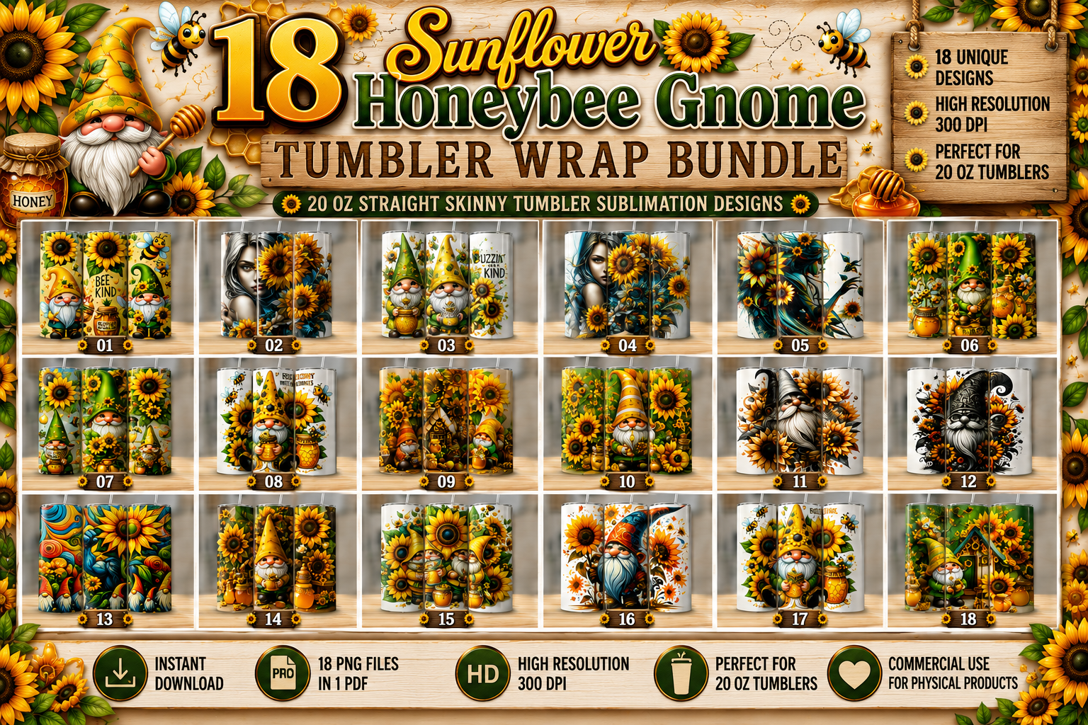 18 Unique Design Sunflower Honeybee Gnome.png