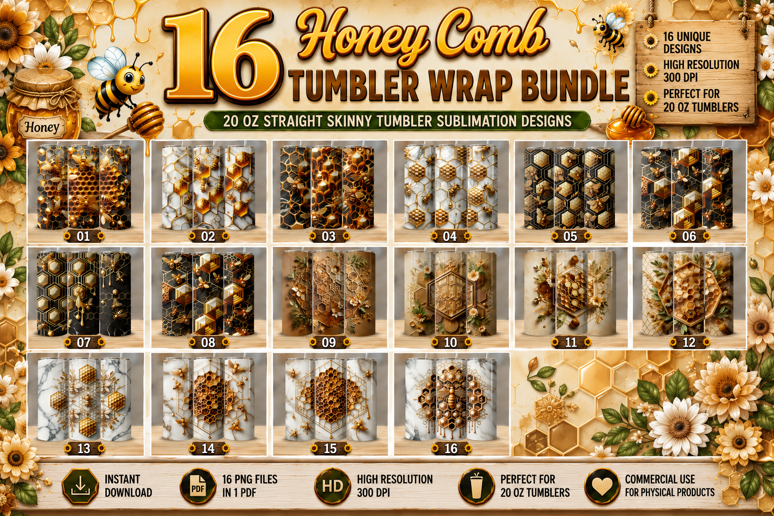 16 Golden Hive Luxe Tumbler Wrap Bundle PNG, Elegant Honeycomb Bee Sublimation Designs, Neutral Floral Marble Black Gold 20 Oz Skinny Tumbler Digital Download.png